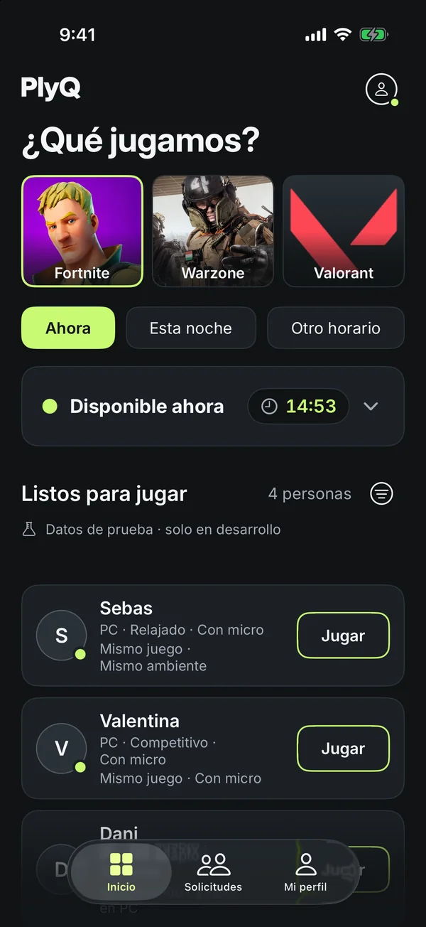Inicio: juegos, Disponible ahora y personas listas para jugar