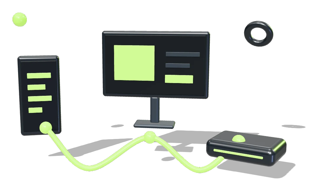 Un teléfono, un monitor y una consola en 3D unidos por un cable lima
