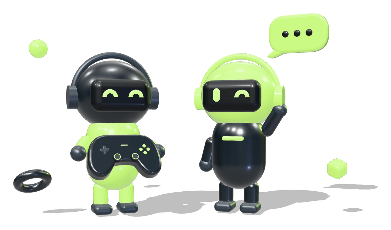 Dos personajes 3D de PlyQ: uno juega con un mando y el otro saluda